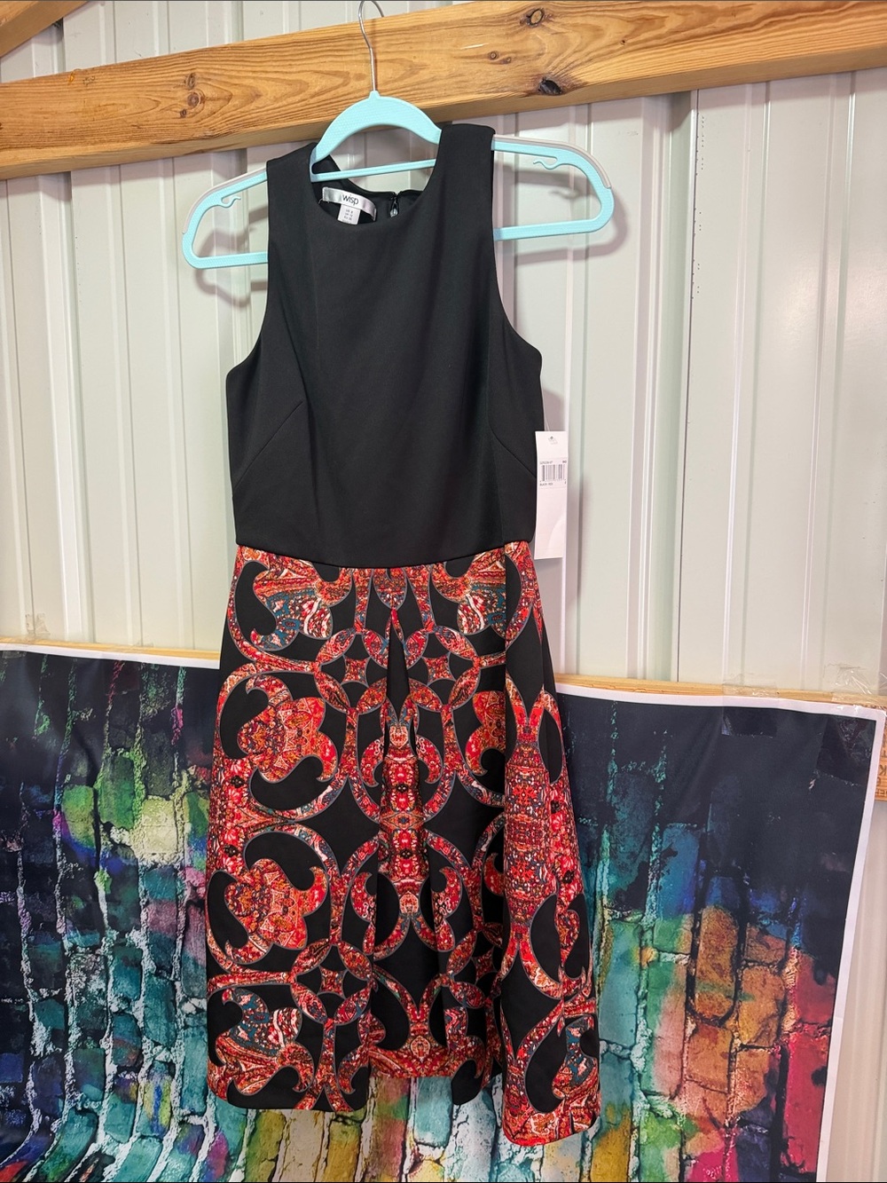 Black Fit & Flare Dress with Red Patterned Skirt
